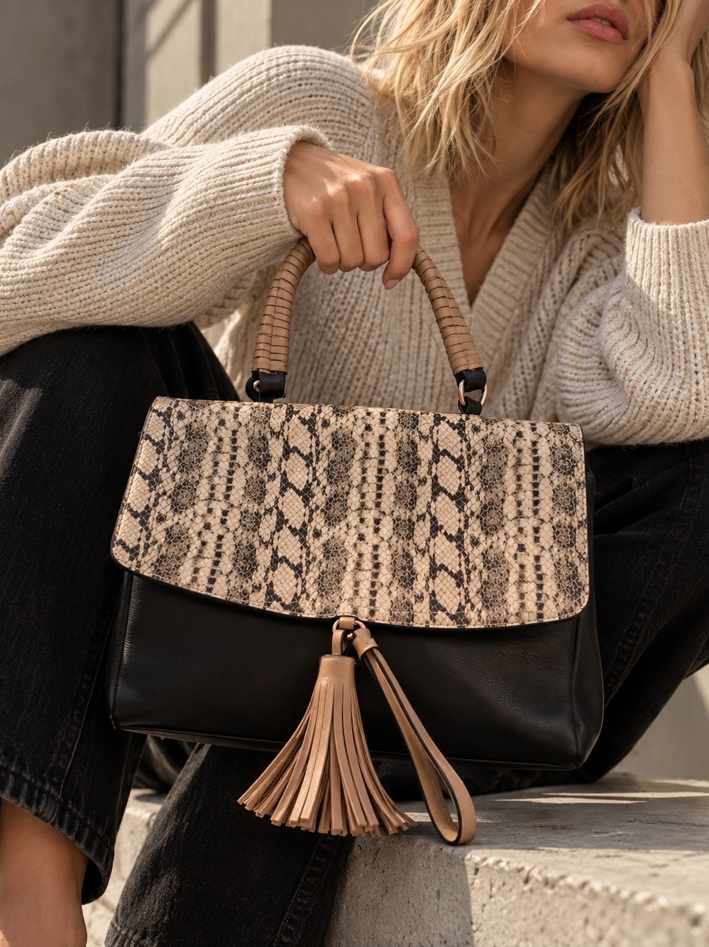 Naturalizer Black Leather Snake Print Satchel Tassel Handbag